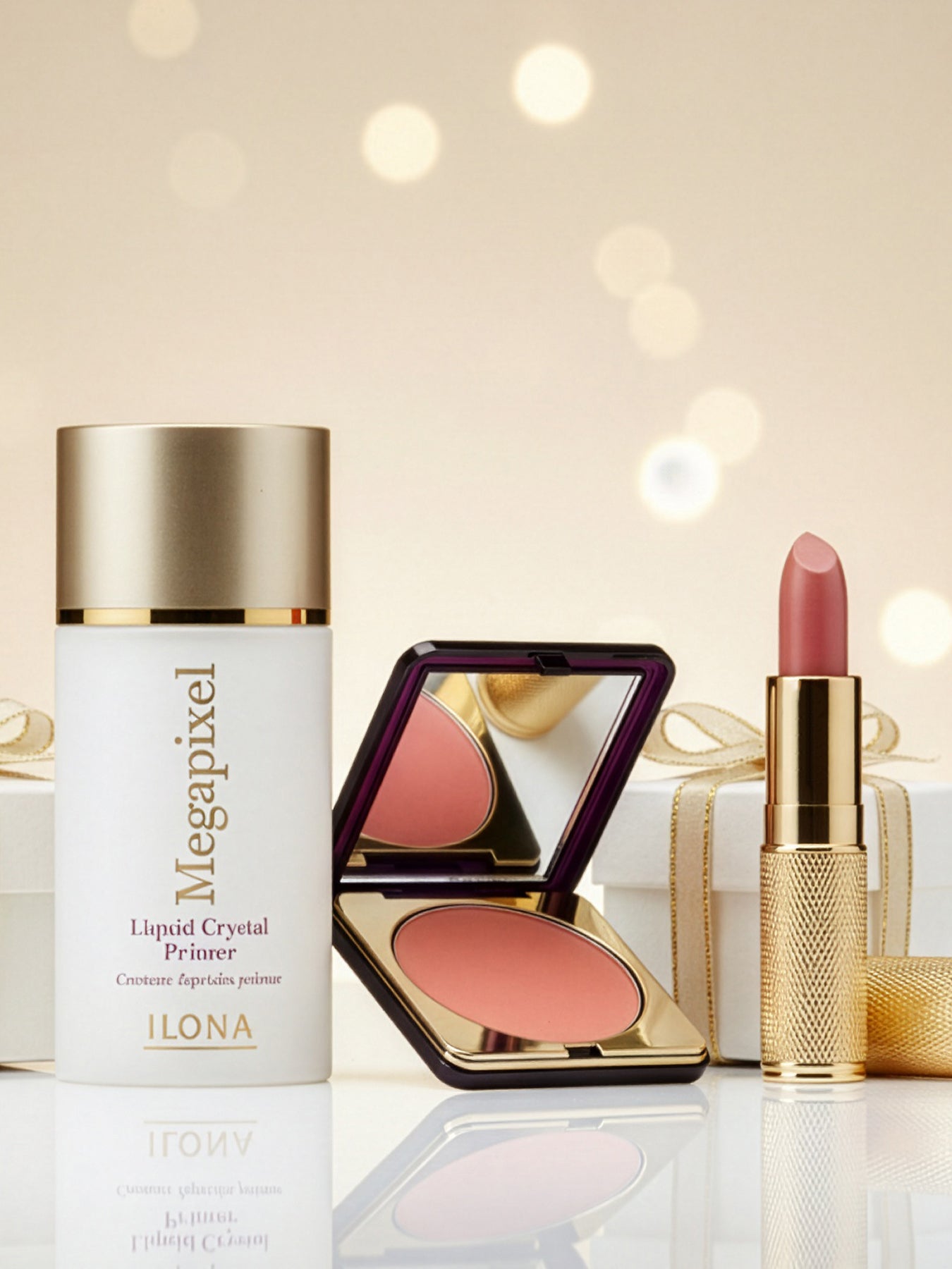 Cosmetic products including a bottle, blush, and lipstick on a reflective surface with a soft, blurred background.