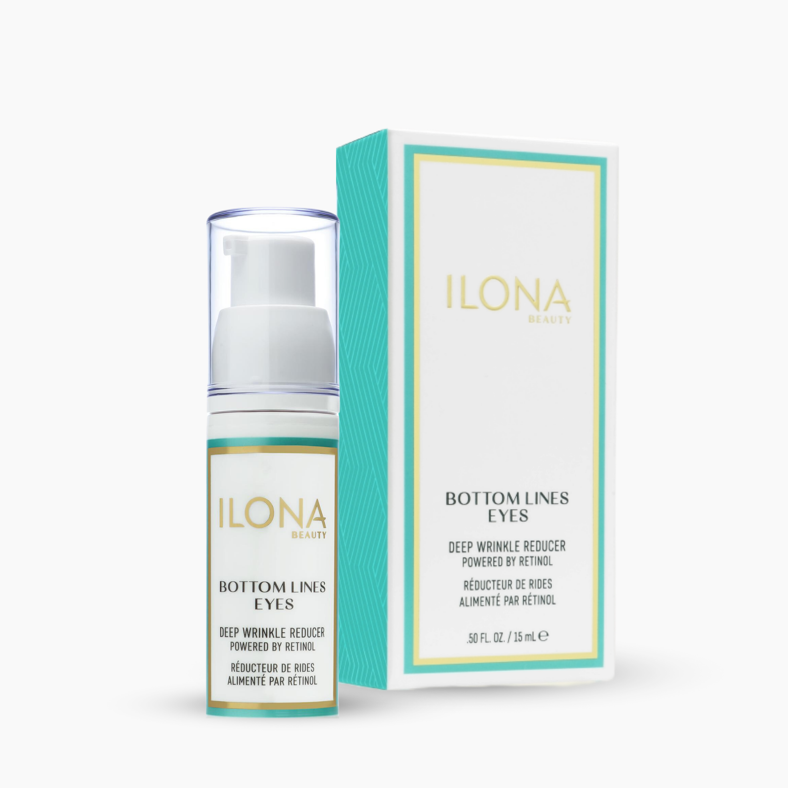 ILONA Beauty Bottom Lines Eyes Deep Wrinkle Reducer [Powered by SR+ Retinol] in sleek airless pump packaging with clear cap, clean studio product shot on white background