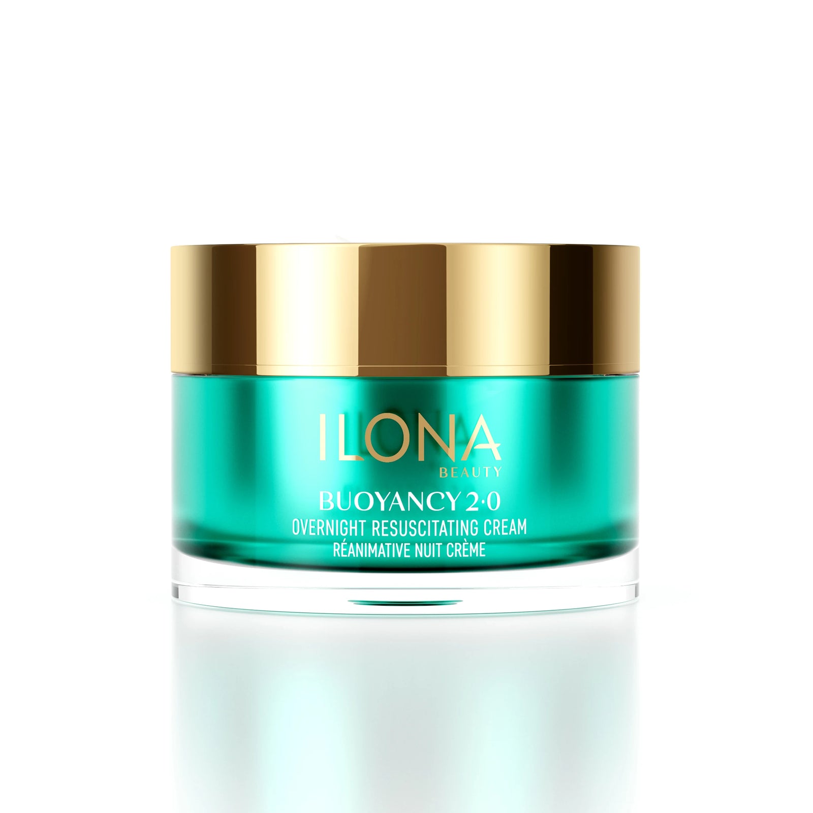 ILONA Beauty Buoyancy 2.0 Overnight Resuscitating Cream in a teal glass jar with gold lid, front view