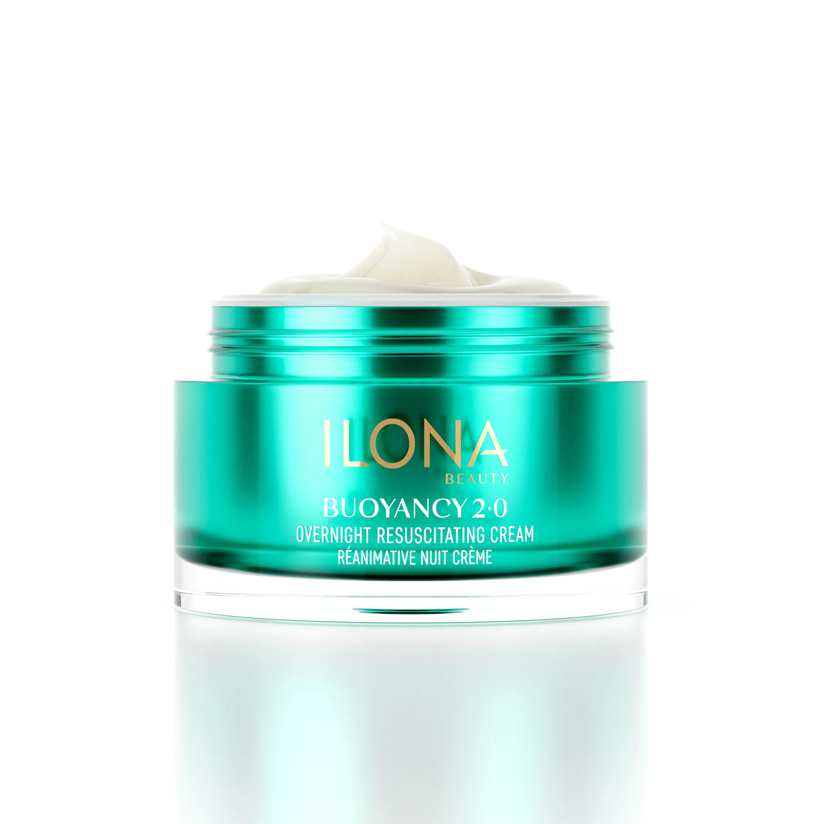 Open jar of ILONA Beauty Buoyancy 2.0 Overnight Resuscitating Cream showing the whipped ivory night cream inside