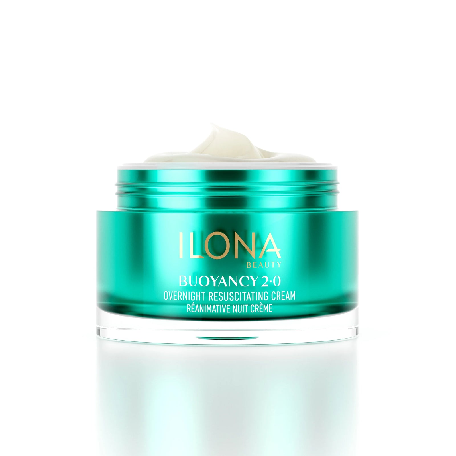 ILONA Beauty Buoyancy 2.0 Overnight Resuscitating Cream in a teal glass jar with gold lid, front view
