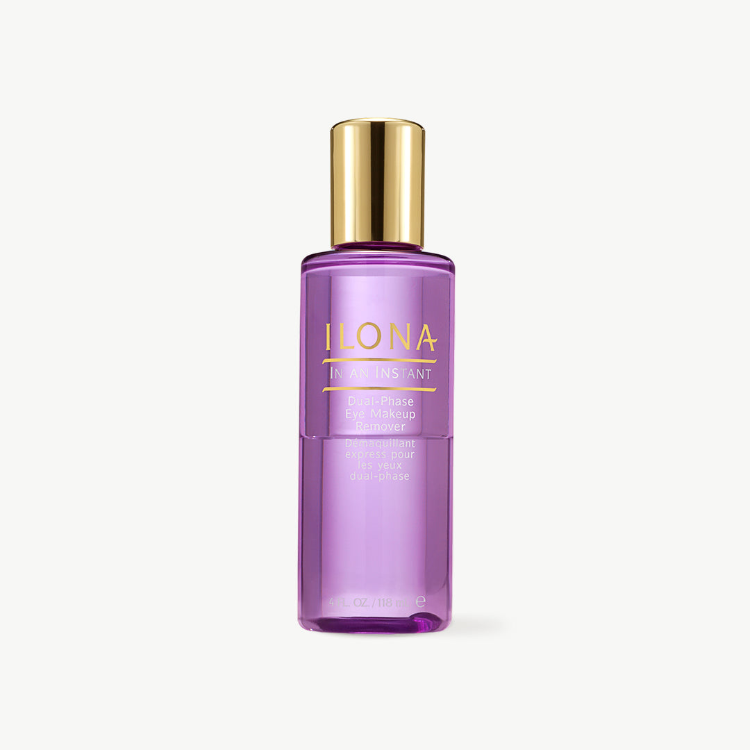 ILONA In An Instant Dual-Phase Eye Makeup Remover in a 4 fl oz (118 ml) clear purple bottle with a gold cap and gold lettering, shown against a light background.