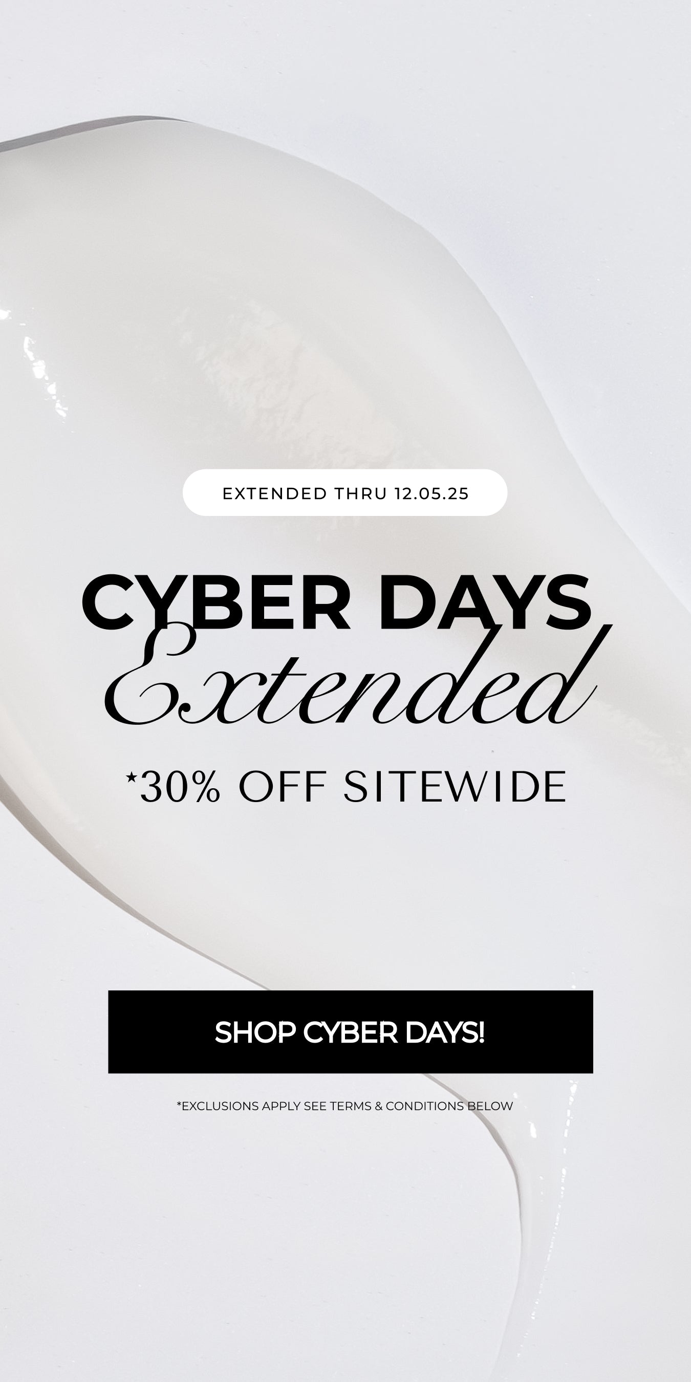 Promotional graphic for extended Cyber Days sale with a white balloon on a light gray background.