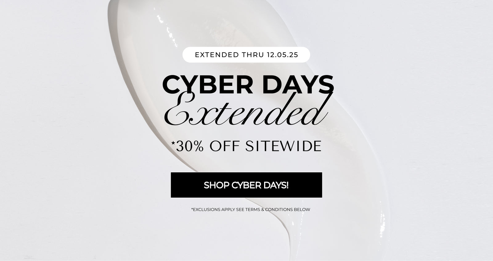 Promotional banner for extended Cyber Days with a 30% off site-wide discount.