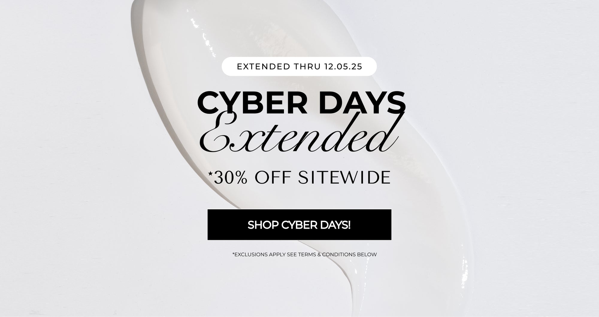 Promotional banner for extended Cyber Days with a 30% off site-wide discount.