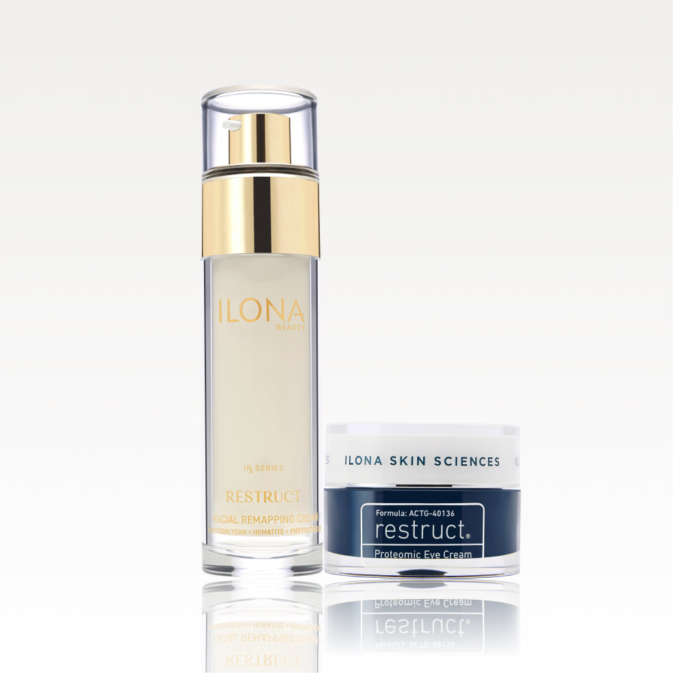 ILONA Beauty curated pairing of RESTRUCT Facial Remapping Cream in a tall gold-accented pump bottle and RESTRUCT Proteomic Eye Cream in a navy and white jar.