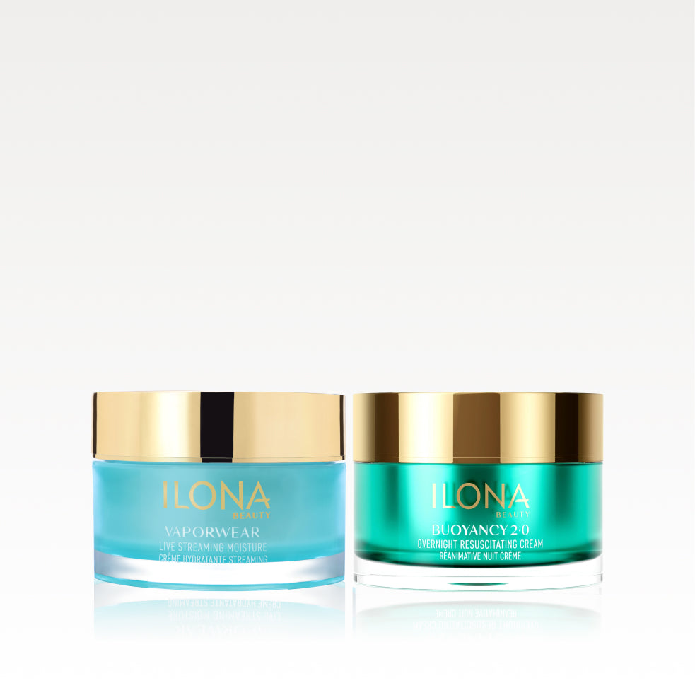ILONA Beauty curated pairing of VAPORWEAR Live Streaming Moisture in an aqua jar and BUOYANCY 2.0 Overnight Resuscitating Cream in an emerald jar, both with gold lids.